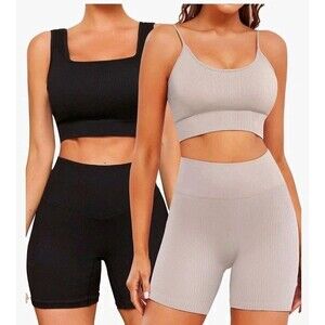 Finetoo Bundle: (2) 2-Piece Workout Sets Seamless Ribbed Leggings & Bra XS